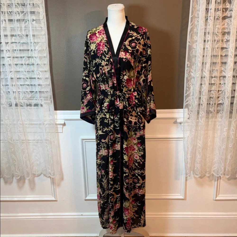 Oscar de la‎ Renta Pink Label Vintage Floral Satin Long Robe Belted S